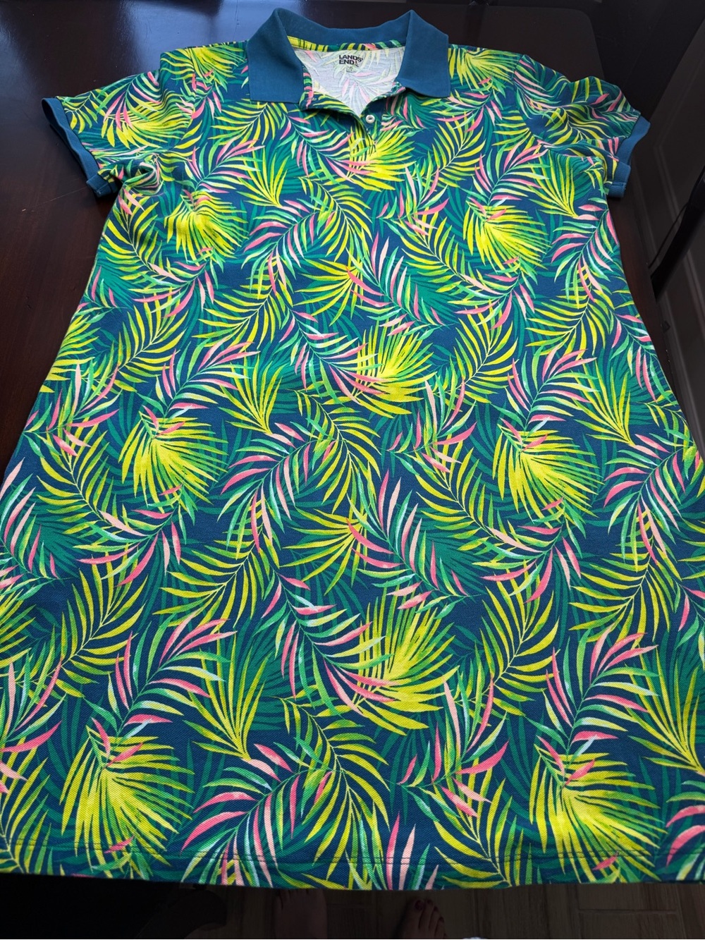 Lands' End Tropical Leaf Polo Dress - Teal, Yellow, Pink
